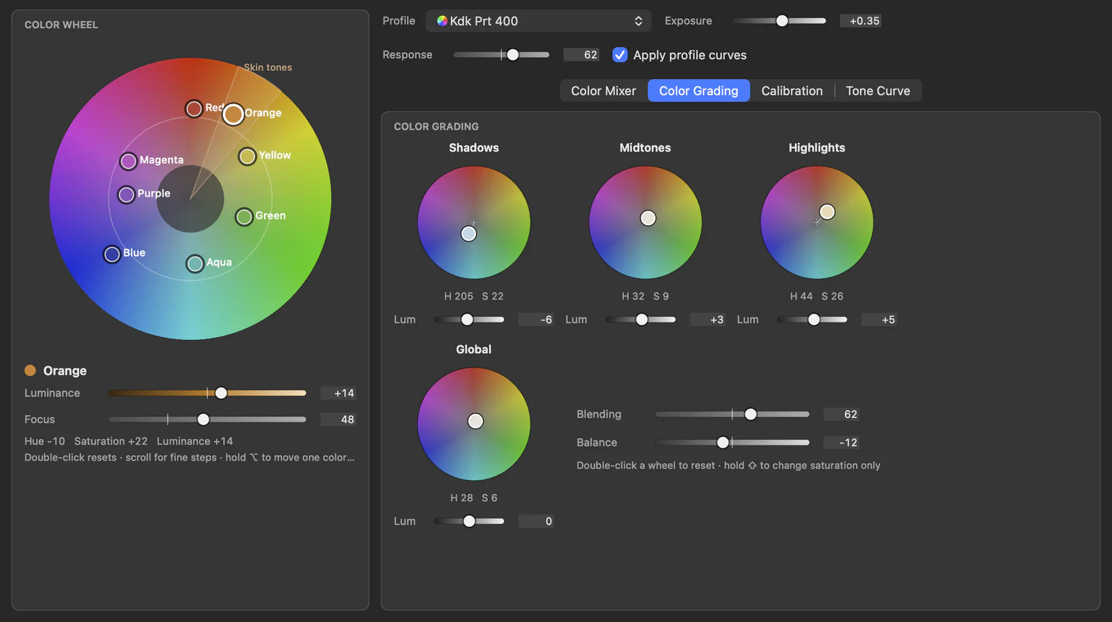 Das Panel der Adaptive Color Engine mit Farbrad und Color Grading