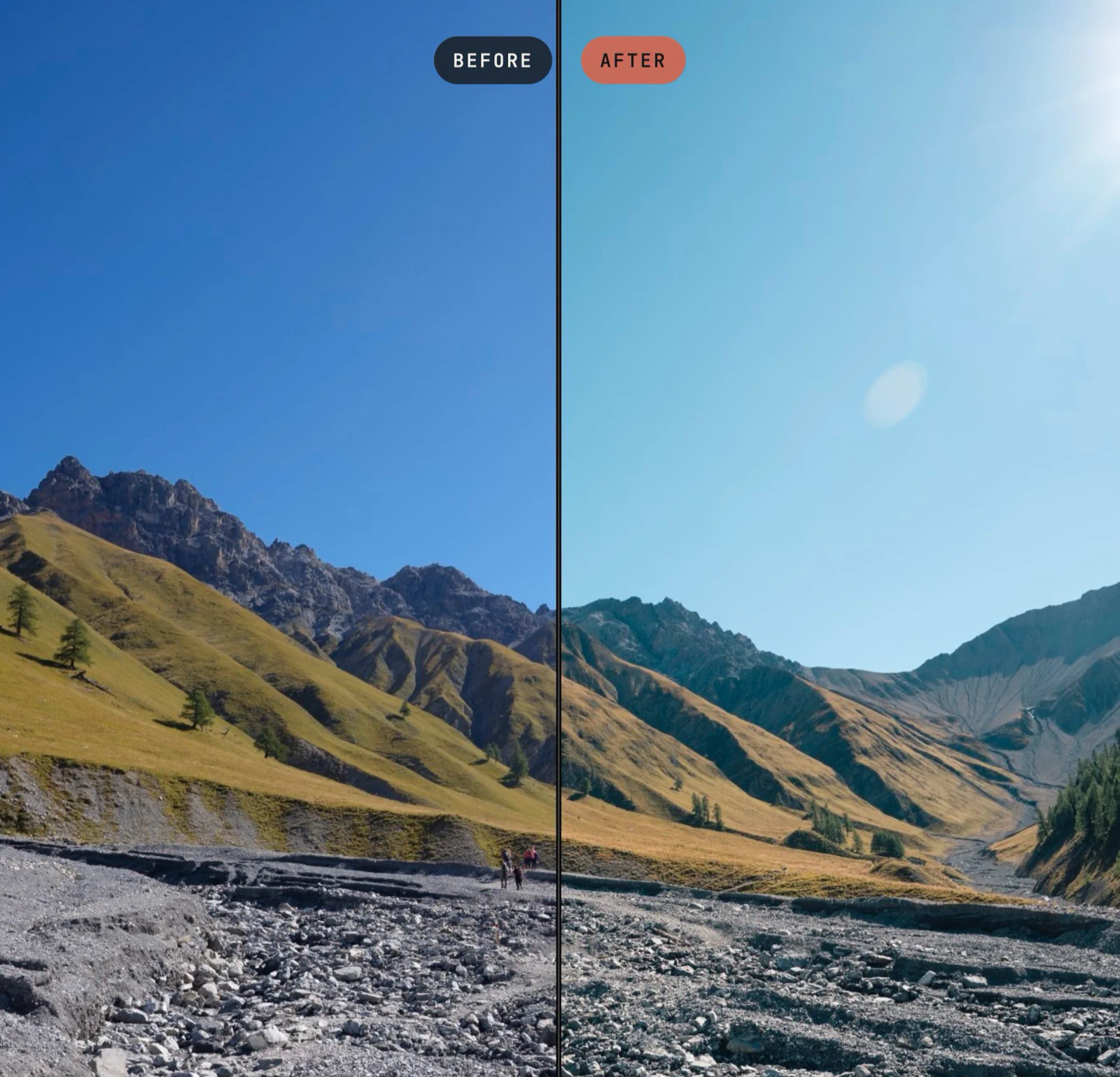 Landschaft vorher und nachher, bearbeitet mit der Adaptive Color Engine